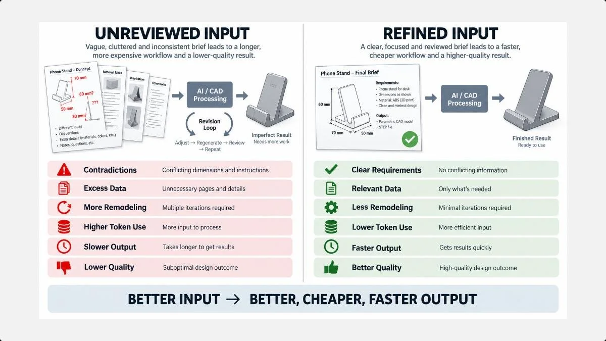 Comparison of unreviewed and refined AI input for producing a CAD phone stand.
