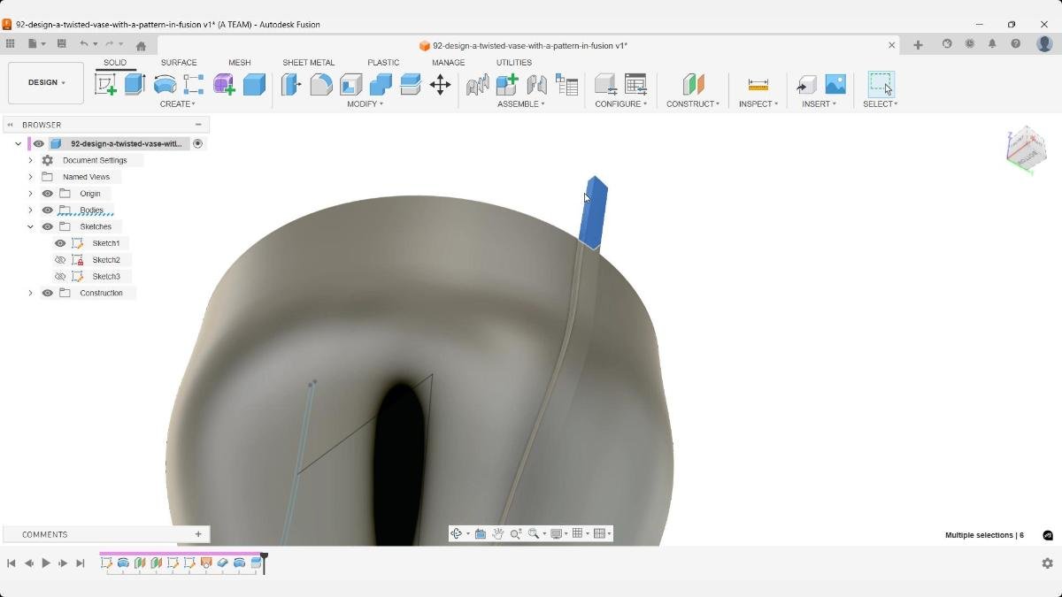 Fusion close-up showing the trimmed upper section of the twisted surface, with surrounding bodies hidden using the V shortcut to reveal the cut edge along the vase’s top opening.