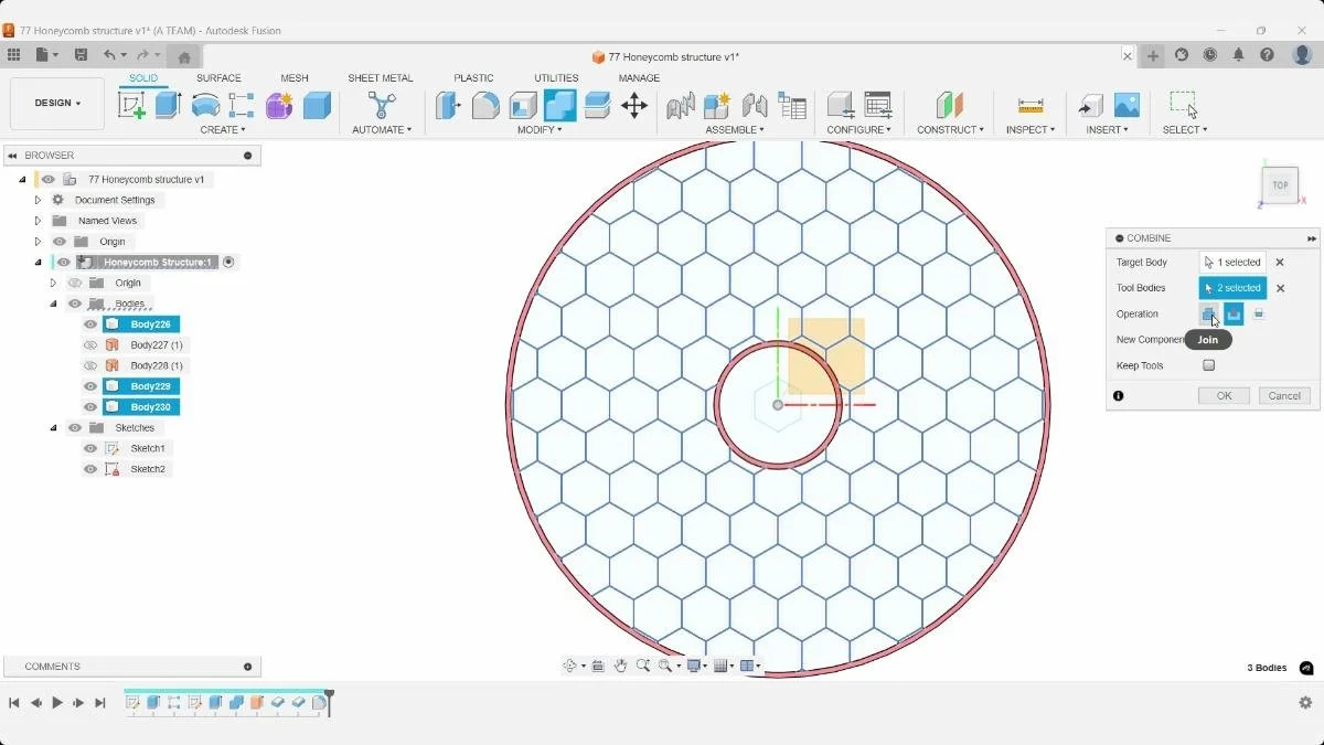 Combining the honeycomb pattern and border into a single body in Autodesk Fusion.