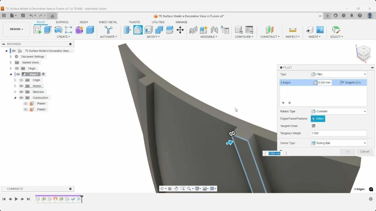 Applying fillets to the embossed decorative pattern in Autodesk Fusion.