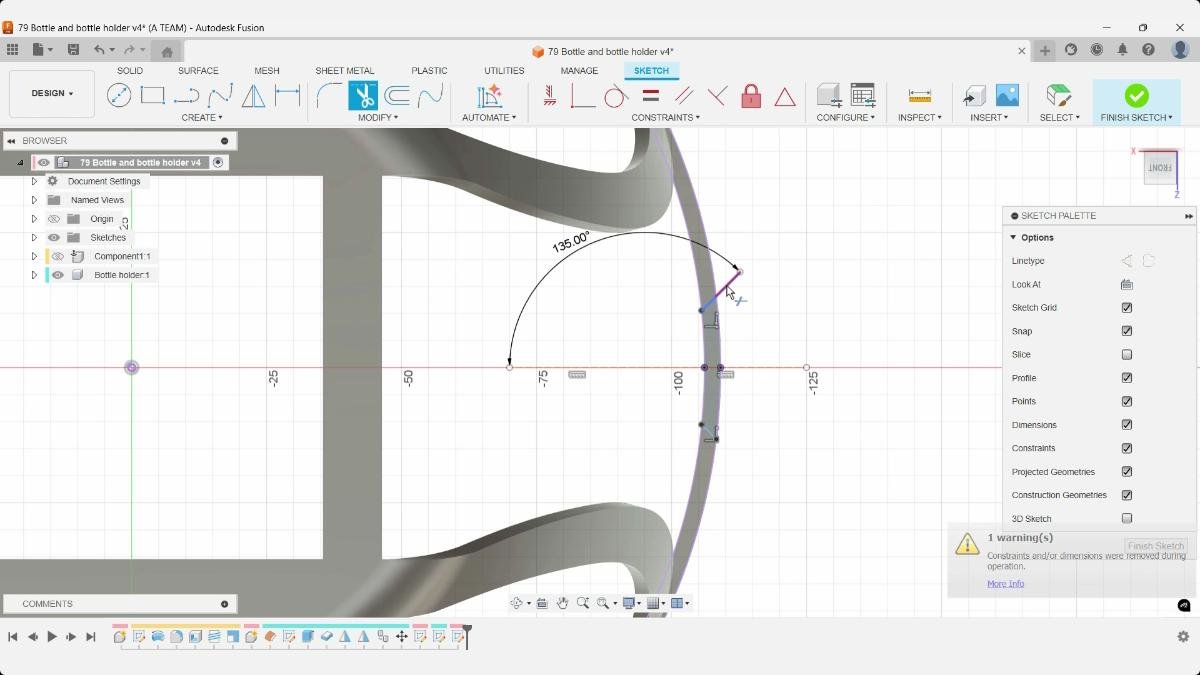 Fusion Trim tool removing excess sketch geometry from the bottle holder frame profile.