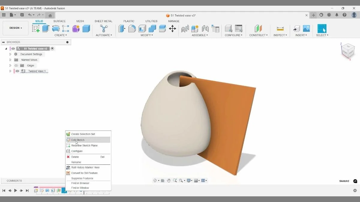Parametric vase variation in Autodesk Fusion created by editing a sketch in the timeline