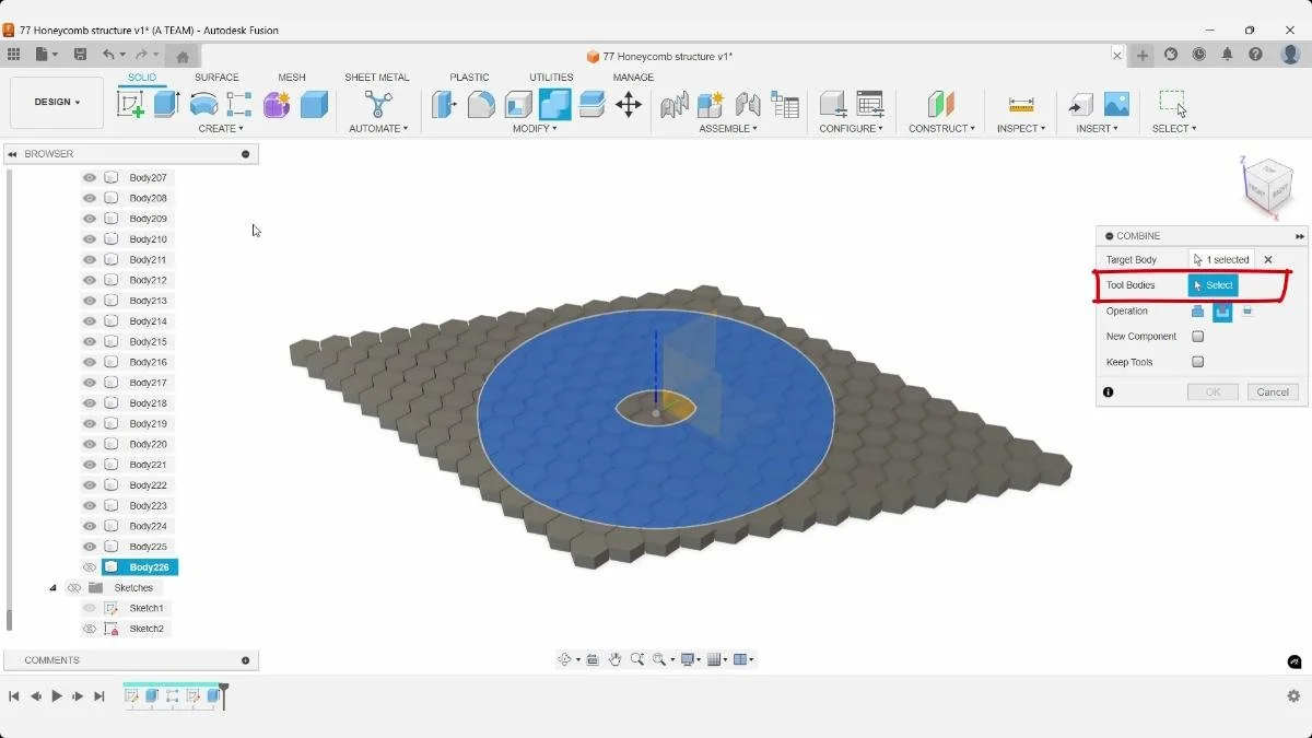Selecting the target body for a Combine Cut operation in Autodesk Fusion.