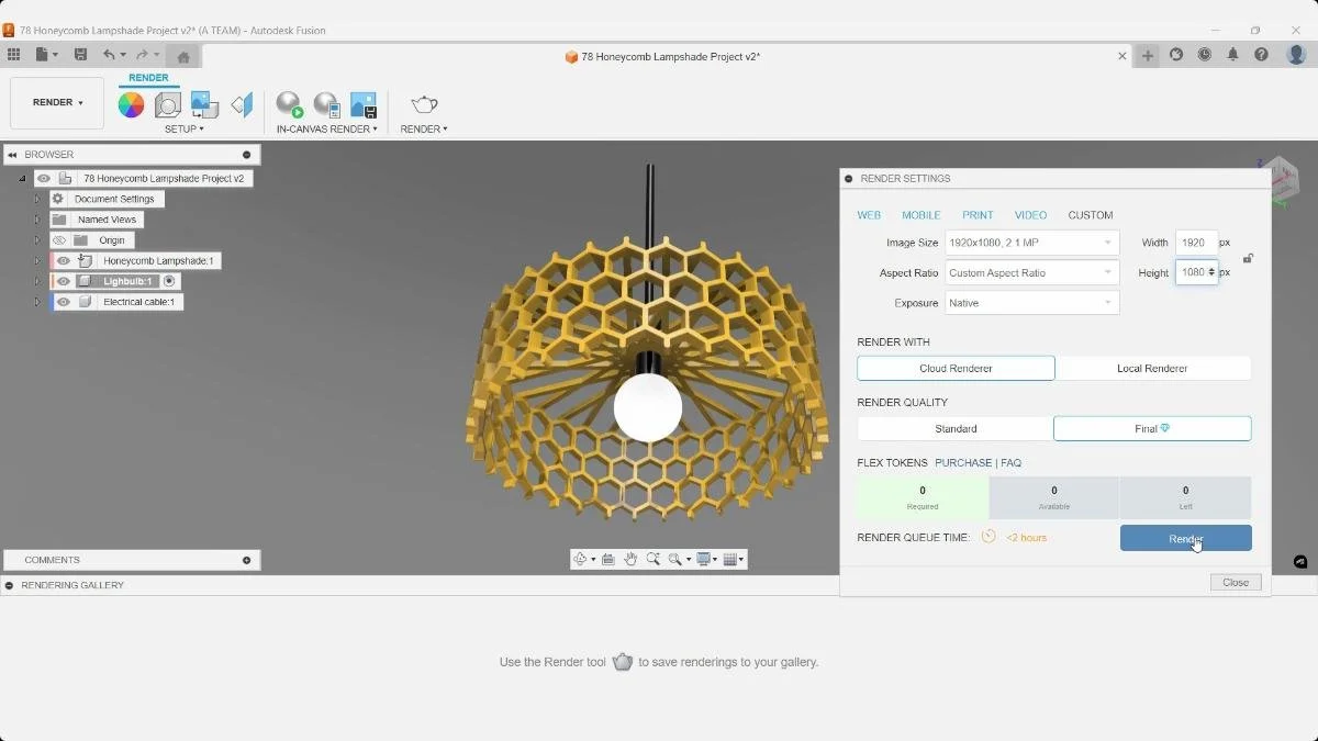 Fusion Render Settings set to 1920 × 1080 for the final honeycomb lampshade rendering.