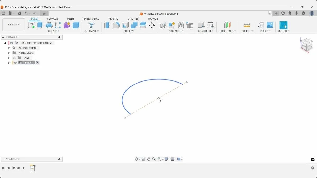 Half-circle profile prepared for surface sweep in Fusion.