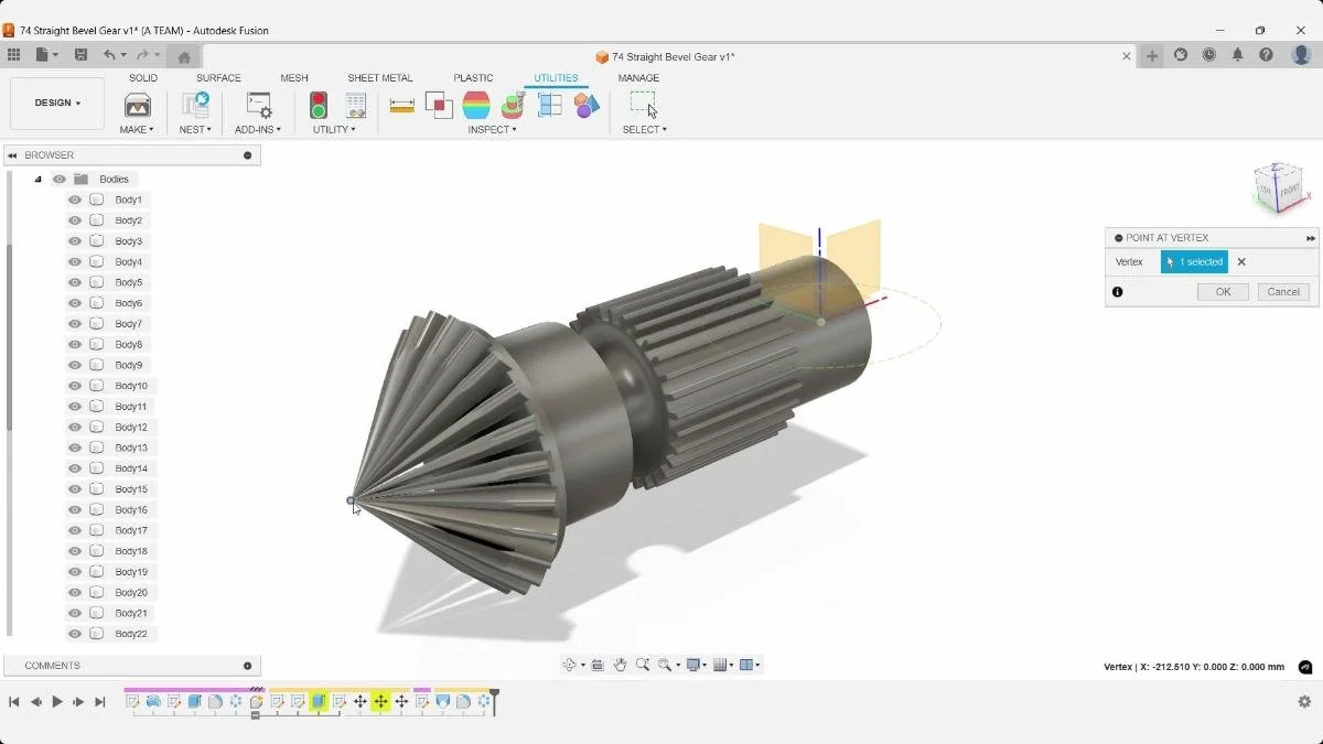 Point at Vertex selection on bevel gear apex in Fusion
