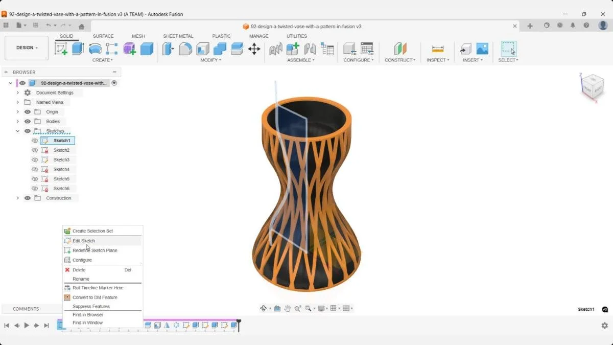 Editing the first sketch from the timeline to update the vase geometry.