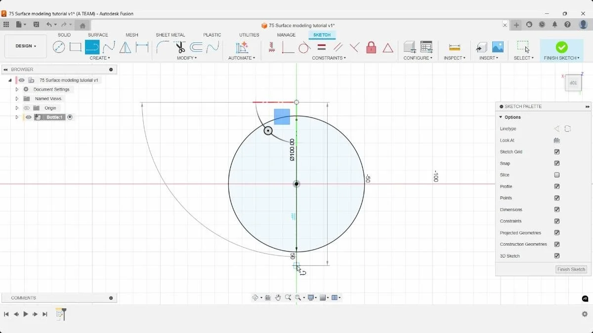 100 mm center diameter circle sketched at the origin in Fusion.