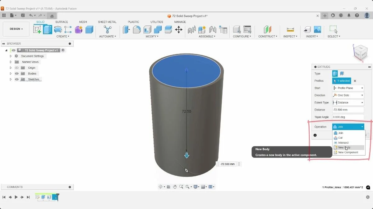 Fusion extrude operation creating inner cylinder as new body