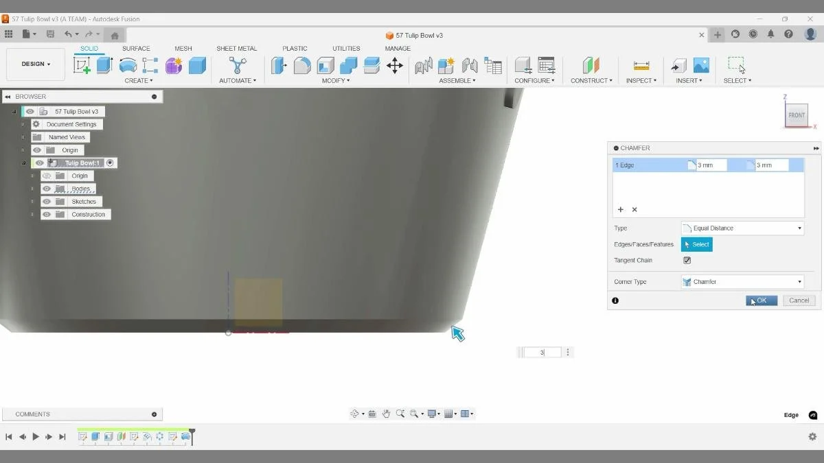 fusion chamfer tool applied to tulip bowl bottom edge