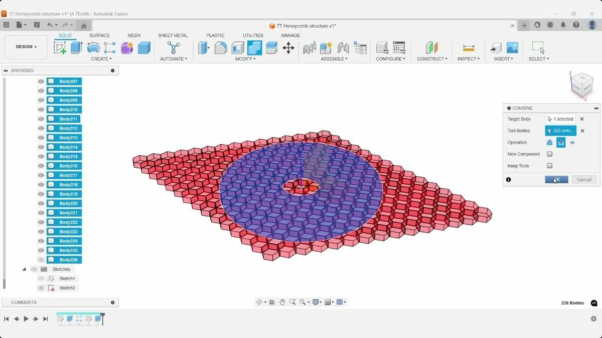 Completing the Combine Cut operation on the honeycomb pattern in Autodesk Fusion.
