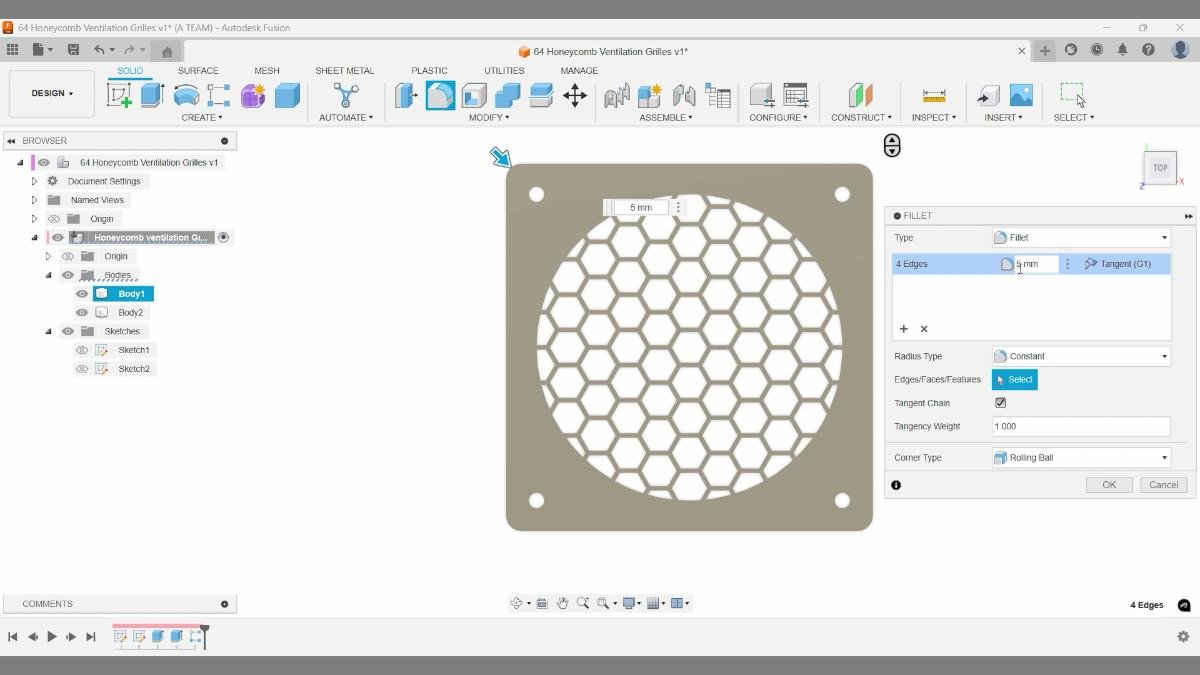 fusion fillet corner edges 5mm radius