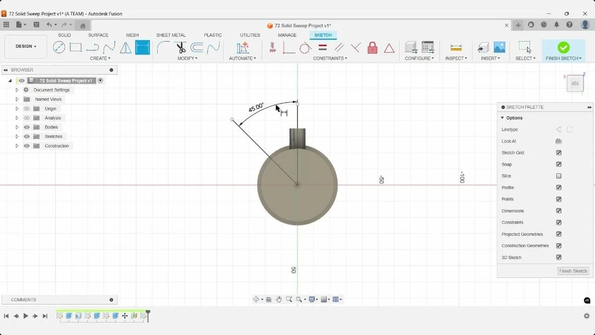 Fusion finalized sweep path angle in 3D sketch