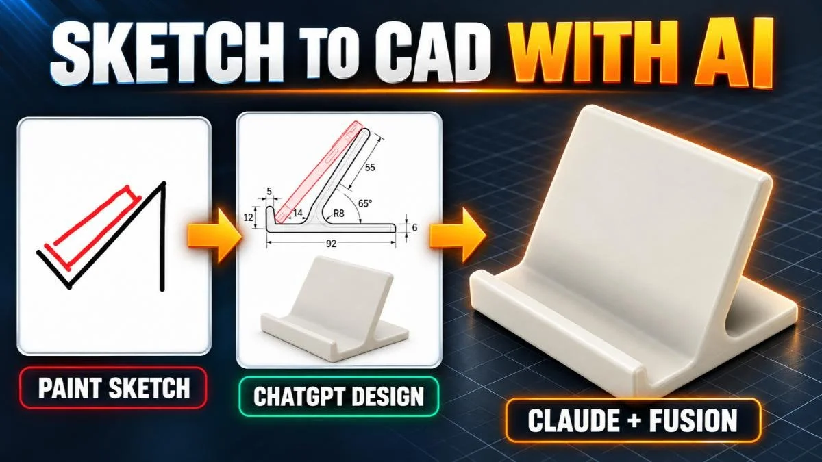 AI-assisted phone stand designed in Autodesk Fusion from a Microsoft Paint sketch using ChatGPT and Claude.