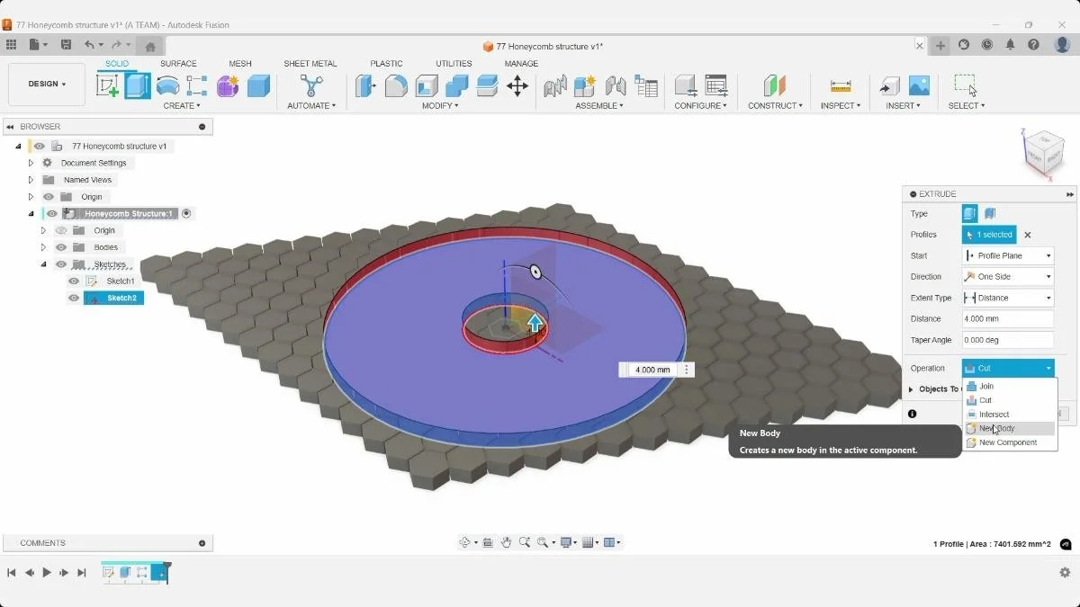 Extruding the circular profile into a cutting body in Autodesk Fusion.