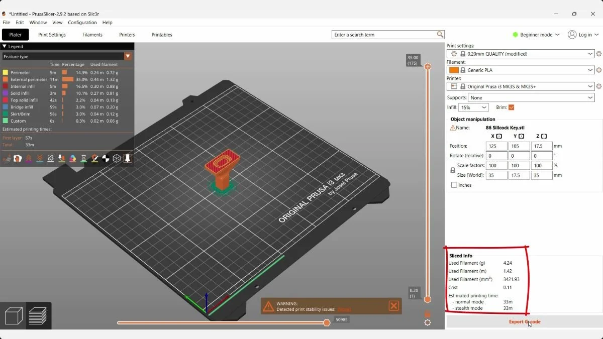 PrusaSlicer sillcock key toolpath preview with Brim enabled, 15% infill, and a 33-minute print estimate.