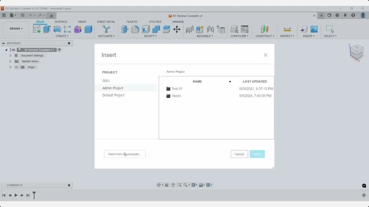 Fusion Insert dialog used to select the Voronoi coaster SVG from the computer.