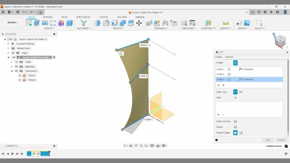 fusion surface loft between sketch profiles pen holder