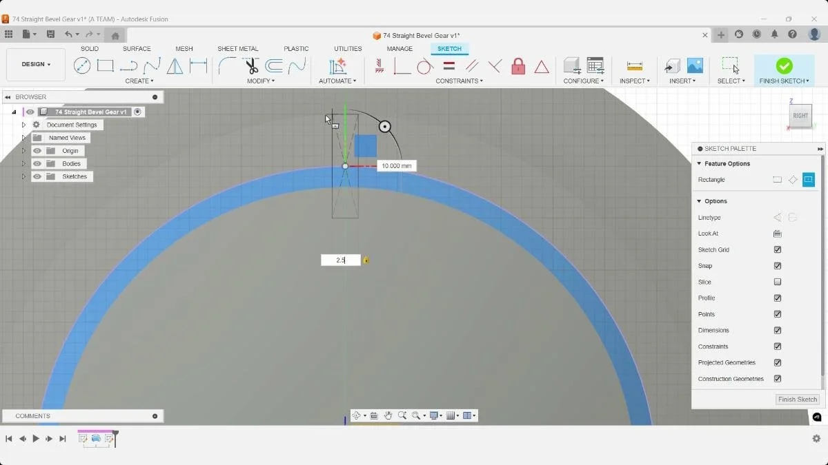 Rectangle sketch feature positioned on projected gear face