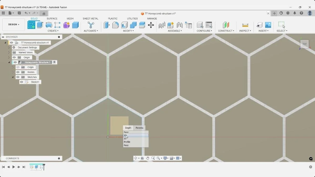 Completed honeycomb body pattern ready for trimming in Autodesk Fusion.