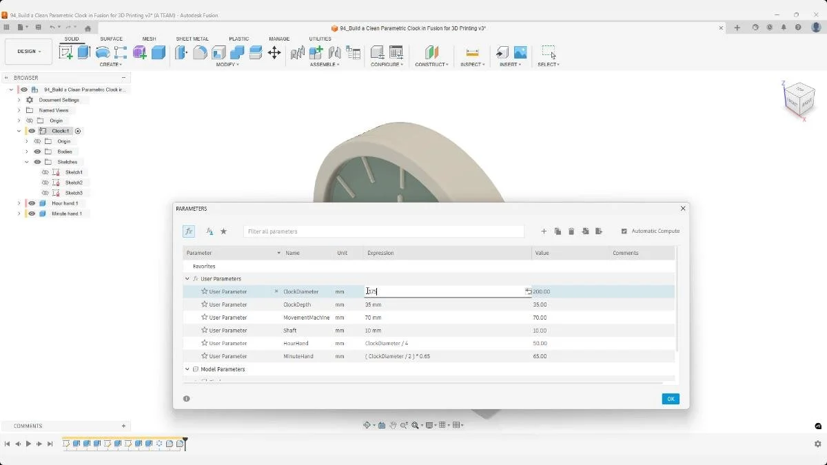 Testing updated user parameters in Fusion to verify a parametric clock model.