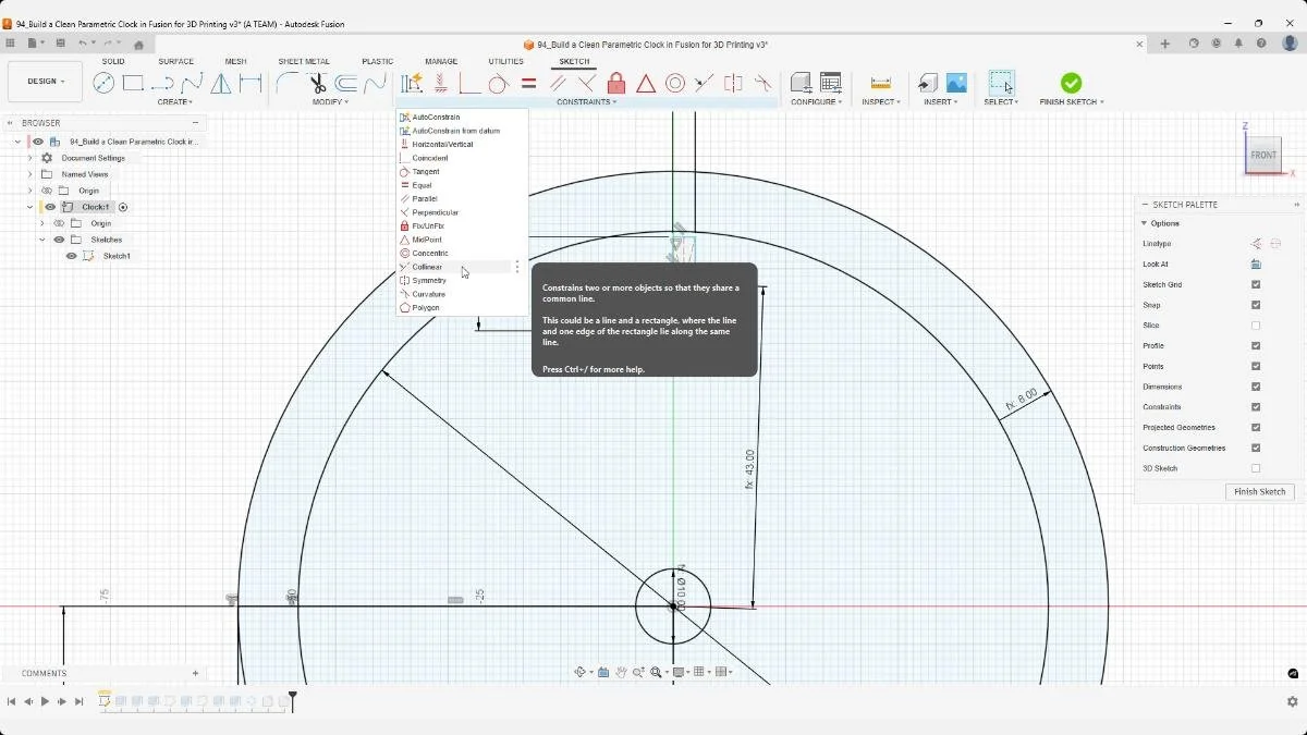 Adding sketch constraints in Fusion to stabilize a parametric clock design.