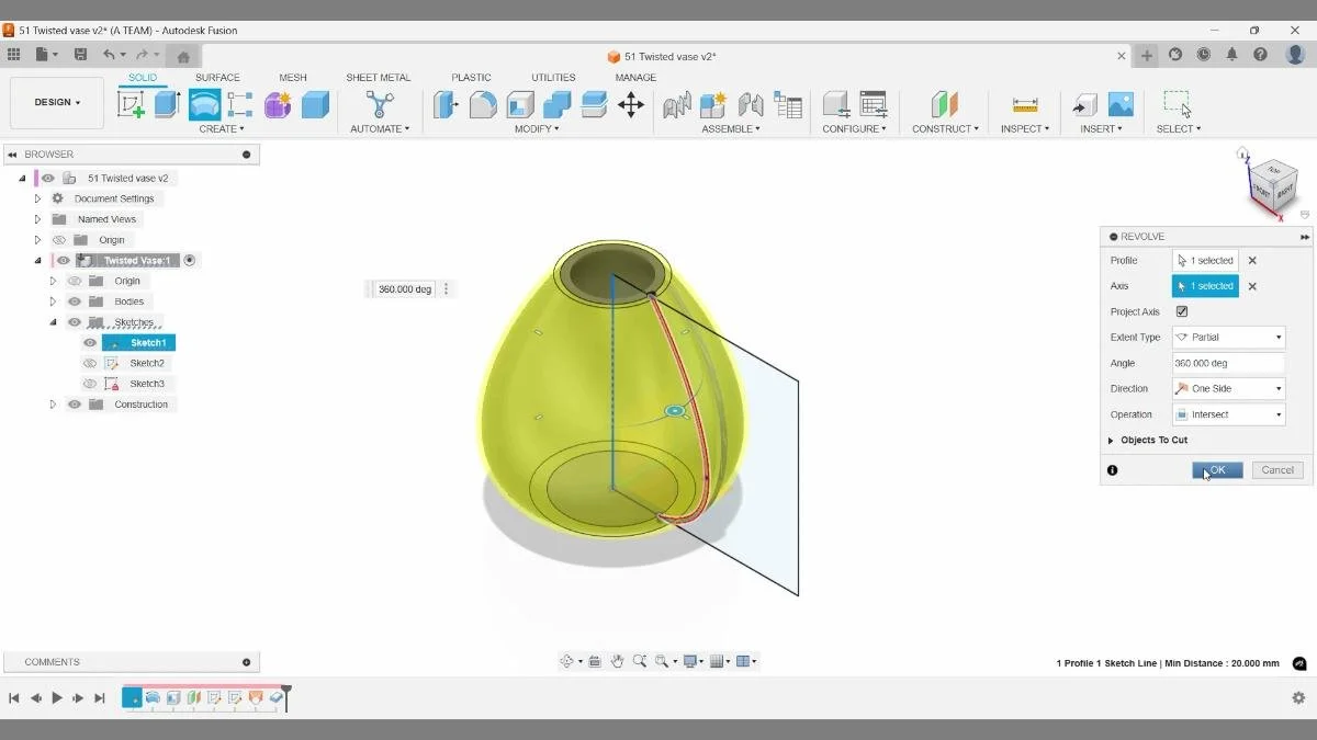 Revolve Intersect isolating the twisted pattern body.
