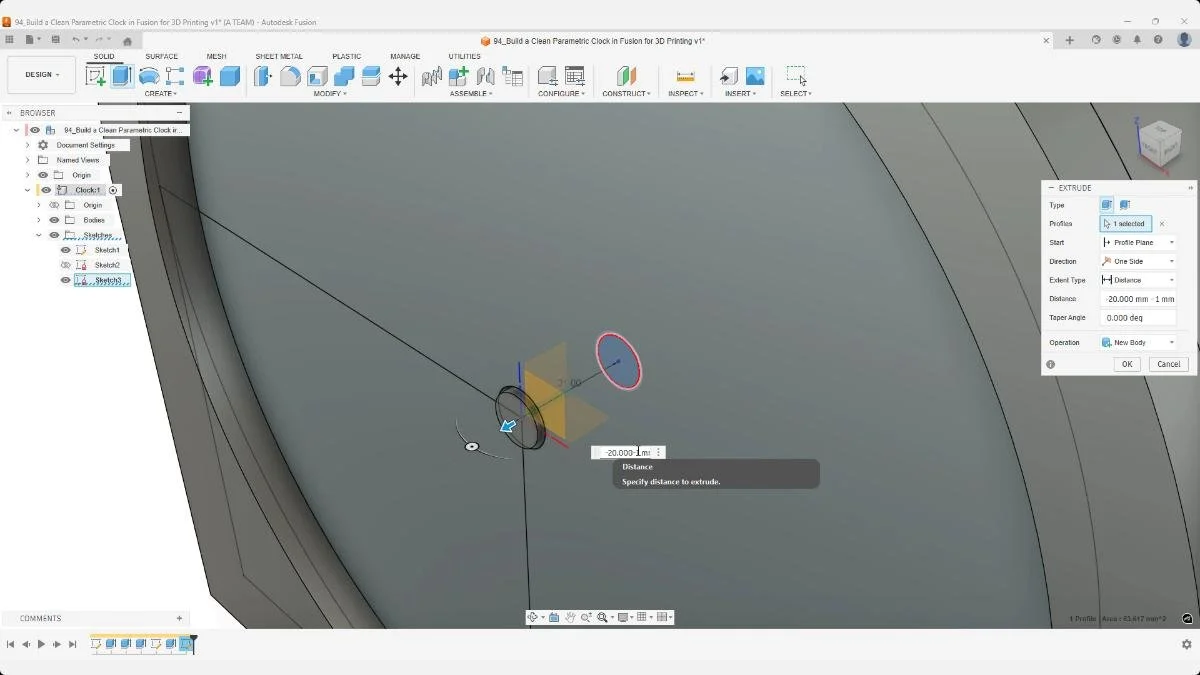 Extruding the clock shaft as a new body in Fusion for a parametric 3D-printed clock.