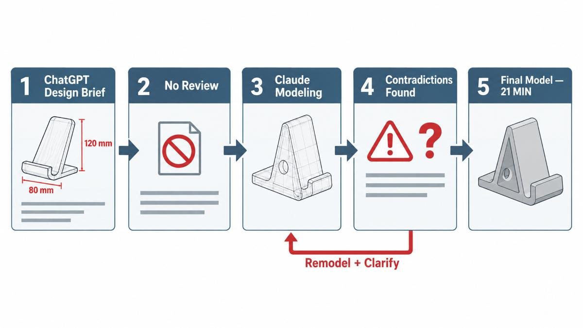 Five-stage phone stand workflow showing design brief, Claude modeling, contradictions and remodeling.