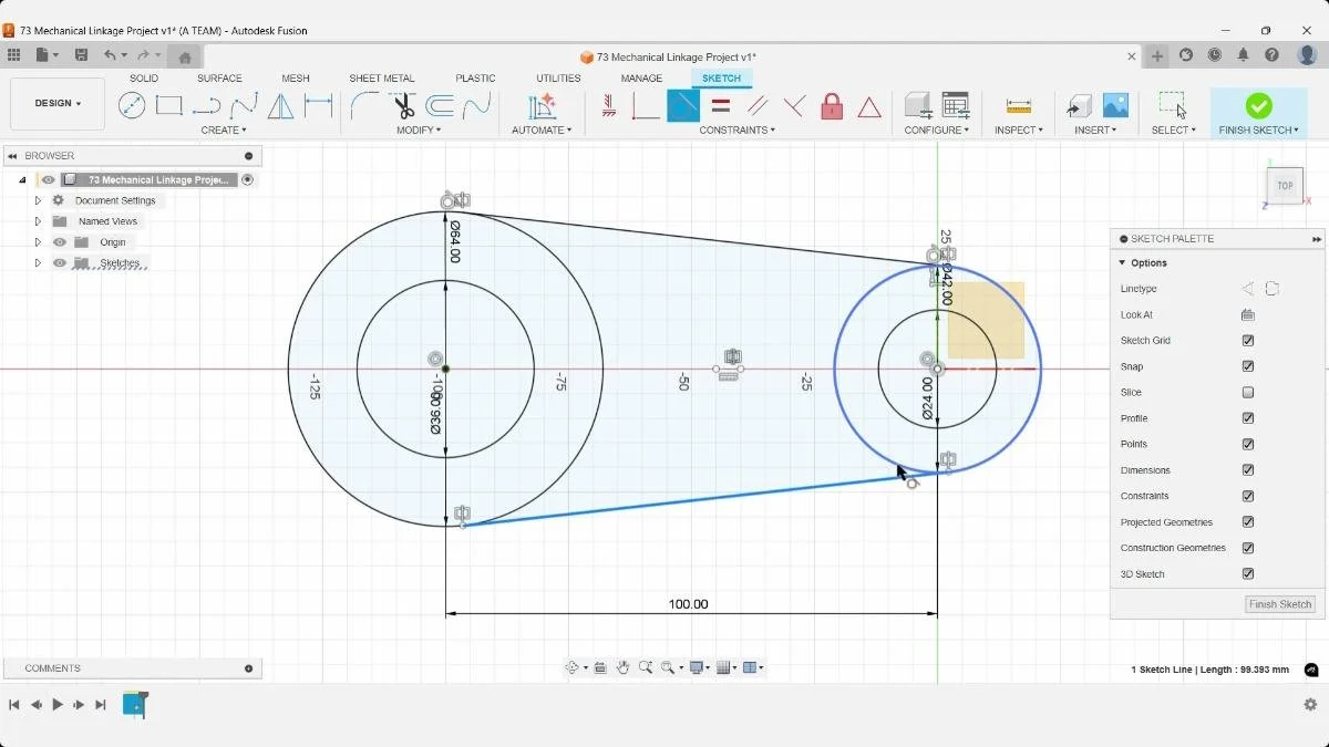Fully constrained linkage sketch with tangent constraints in Fusion