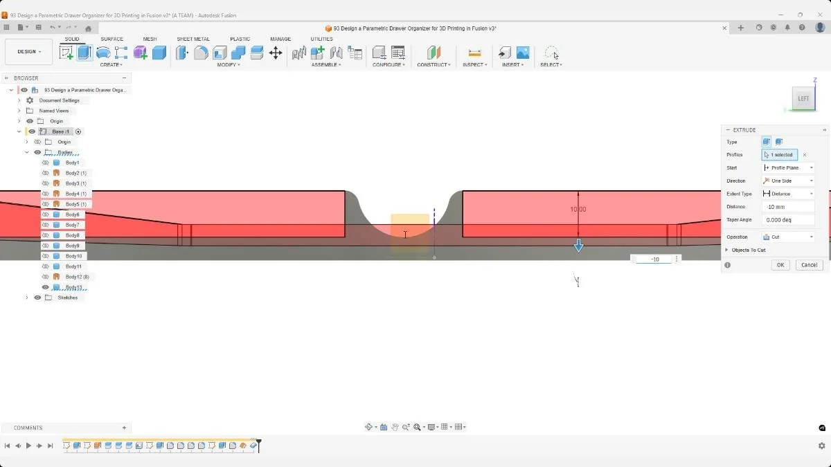 Extrude defining bottom height adjustment using parametric distances.