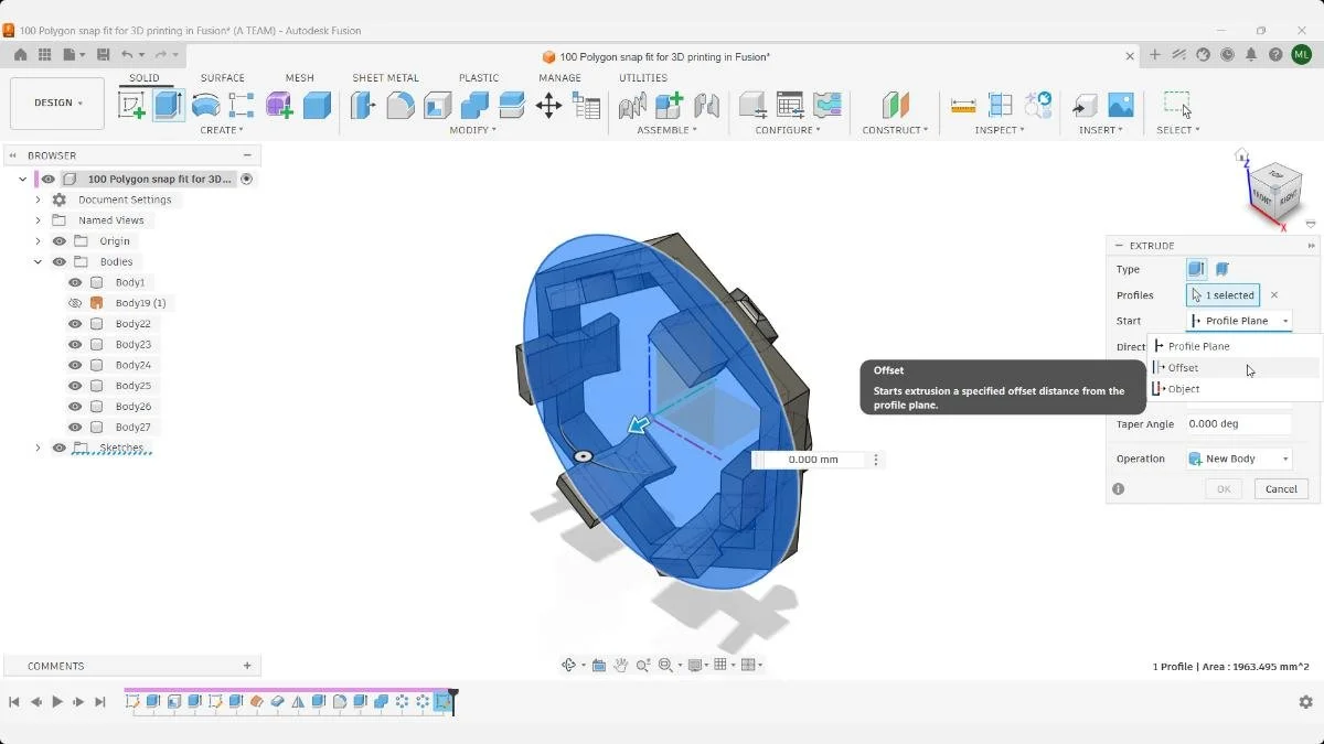 Fusion Extrude dialog with Start set to Offset for the snap fit circular plate.