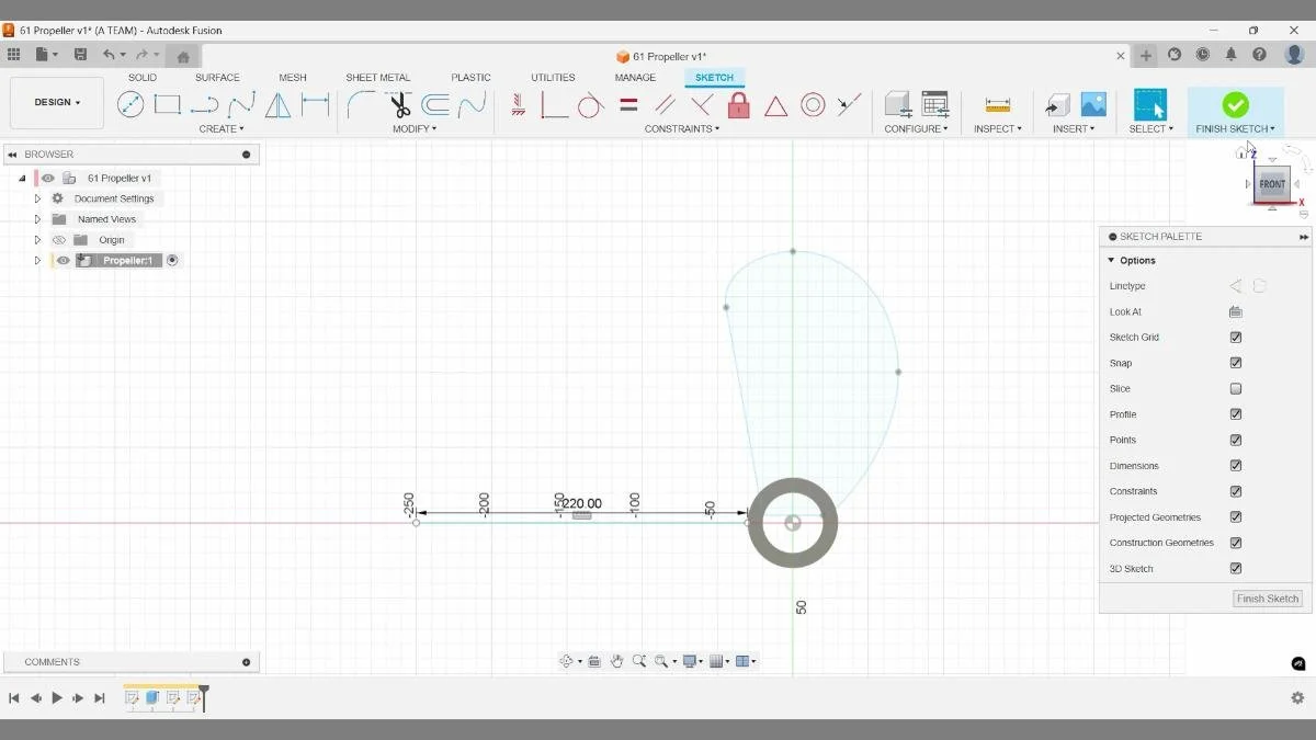 Fusion sketch with dimensioned reference line controlling propeller blade length.