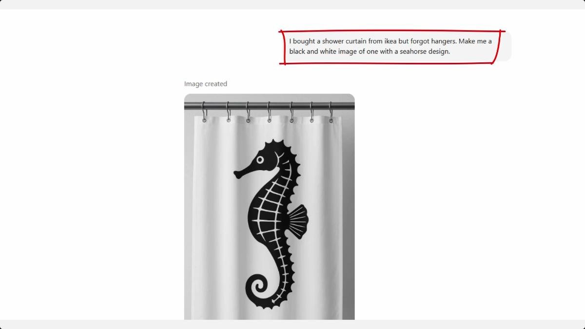 ChatGPT conversation showing an initial seahorse shower curtain hanger request and a seahorse on a curtain.