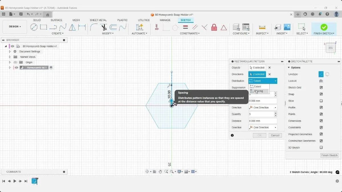 Fusion Rectangular Pattern dialog selecting Spacing distribution for the honeycomb soap holder.