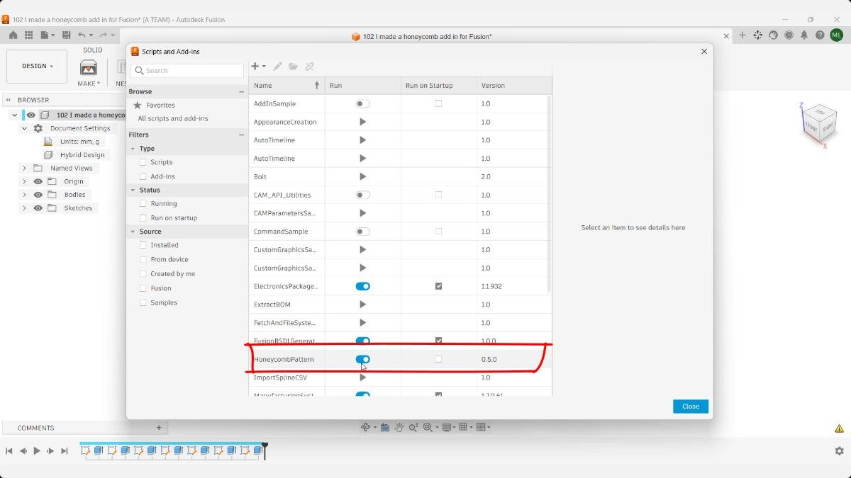 Fusion Scripts and Add-Ins dialog with HoneycombPattern running and Run on Startup unchecked.