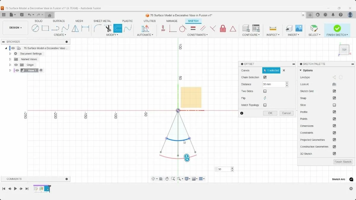 Offsetting the projected sketch profile by 30 mm in Autodesk Fusion.