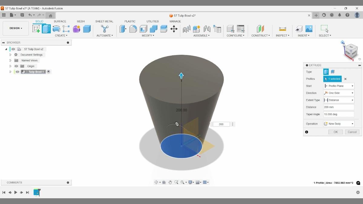 fusion extrude of tulip bowl base with tapered solid body