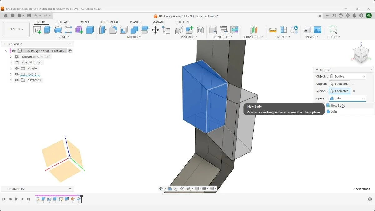 Fusion Mirror command creating a new body for the snap fit geometry.