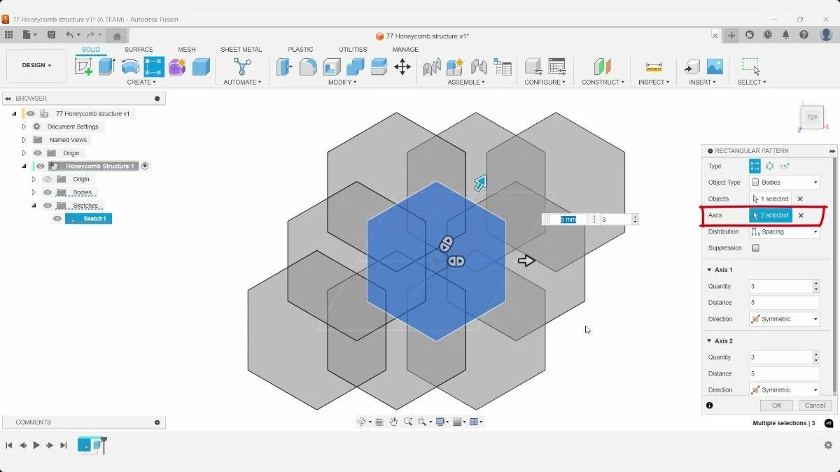 Selecting construction axes for a symmetric rectangular pattern in Autodesk Fusion.