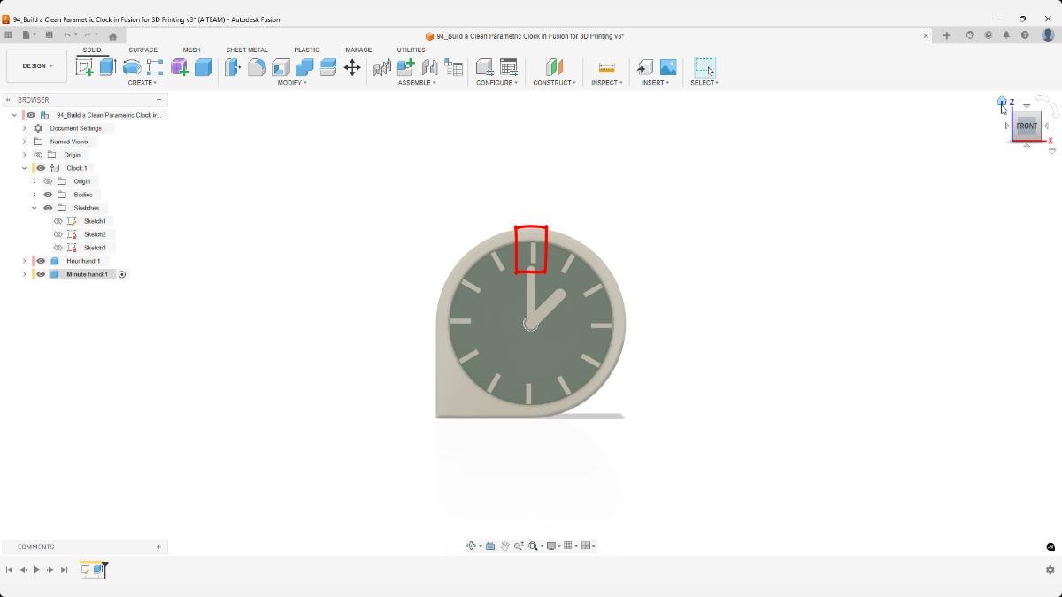 Parametric clock model in Fusion highlighting a sketch error caused by incorrect constraints.