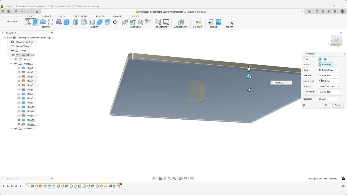 Extruding the patched bottom surface to add structural thickness.