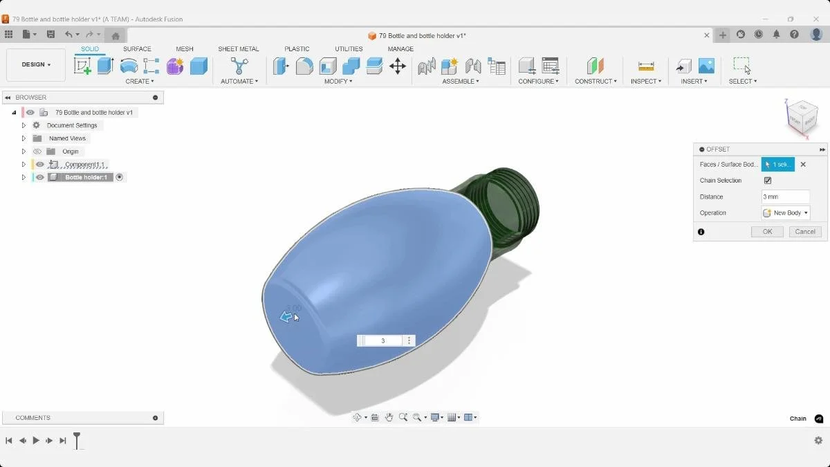 Fusion Surface Offset command creating a 3 mm offset from the bottle body.