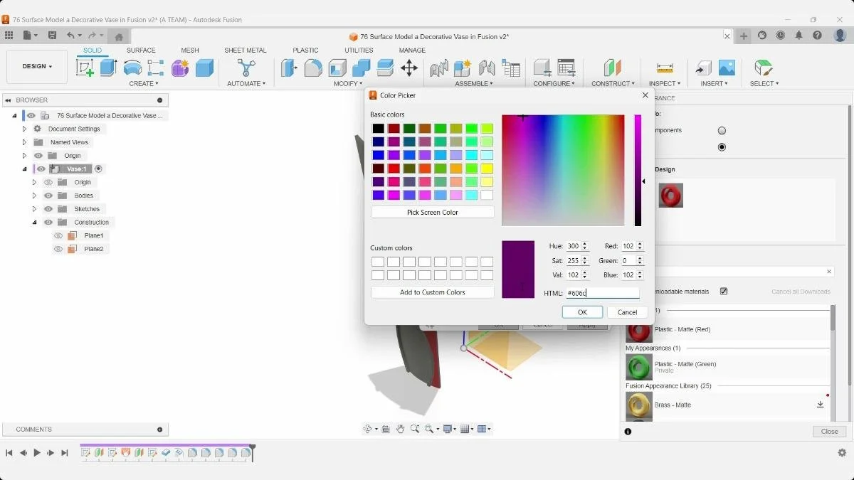 Editing a custom material color with the Fusion Color Picker.