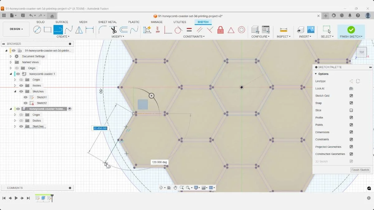 Drawing a 120-degree arc cutout to create an accessible opening in the coaster holder.
