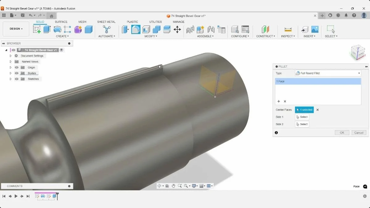Full round fillet applied to bevel gear tooth in Fusion
