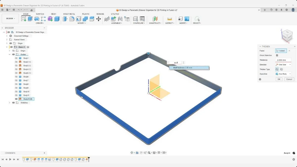 Thicken operation converting offset surfaces into solid walls.