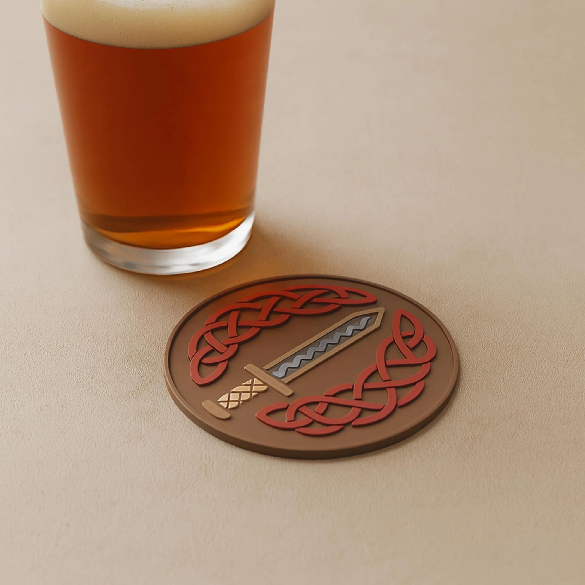 Viking sword coaster with knotwork border in multi-color 3D print design