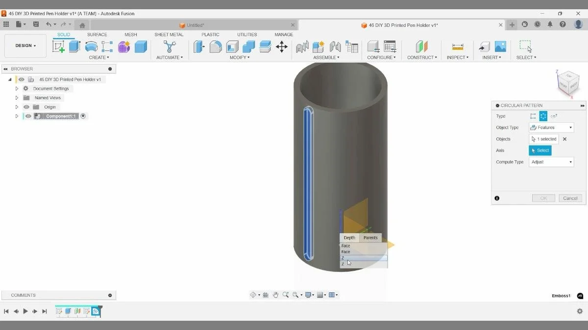 Selecting an embossed feature in Fusion to pattern around an axis.