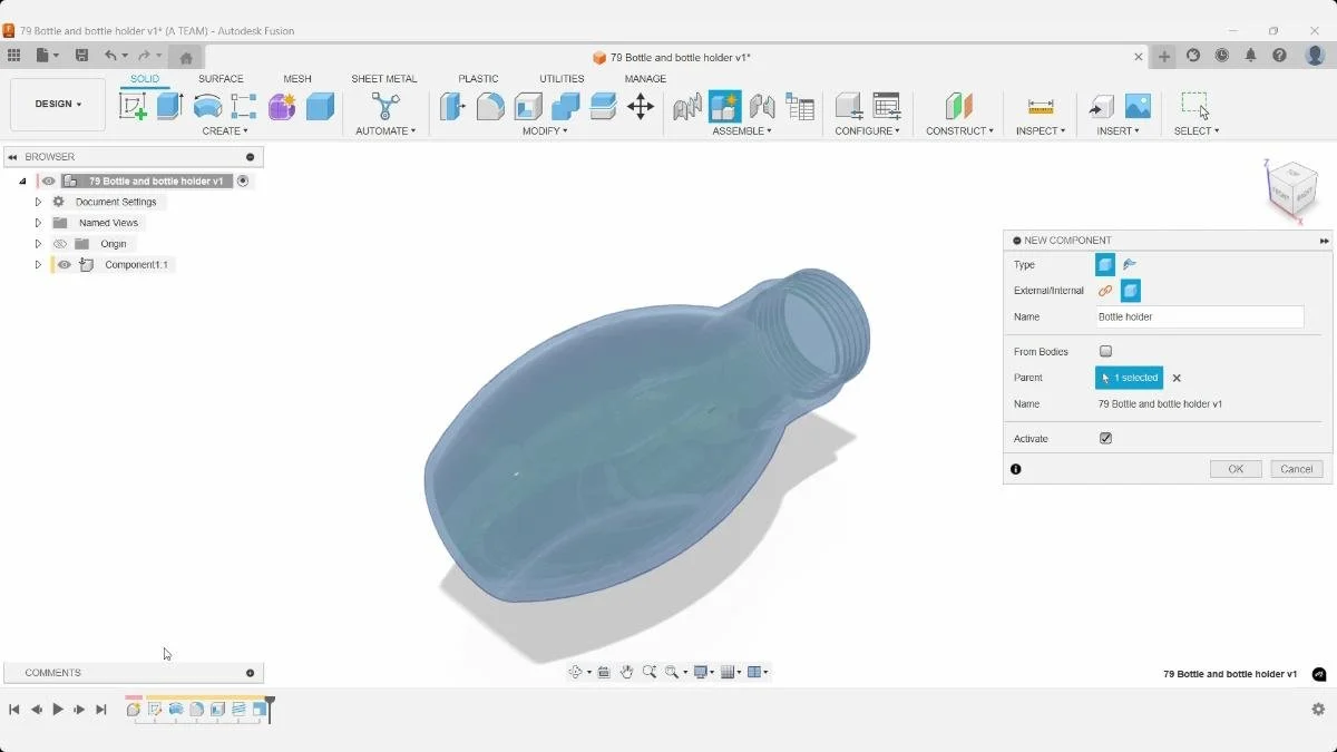 Fusion bottle model selected while creating a new bottle holder component.